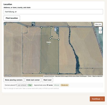 Map with a field boundary drawn around 39 acres