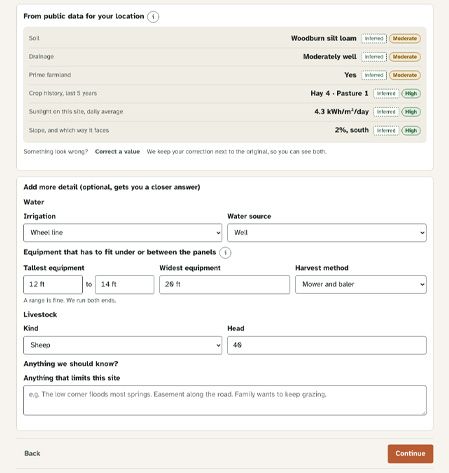 Public data for the site: soil, drainage, crop history and sunlight, each with a confidence tag