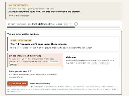 A caution result naming the one thing holding the plan back, with fixes to try
