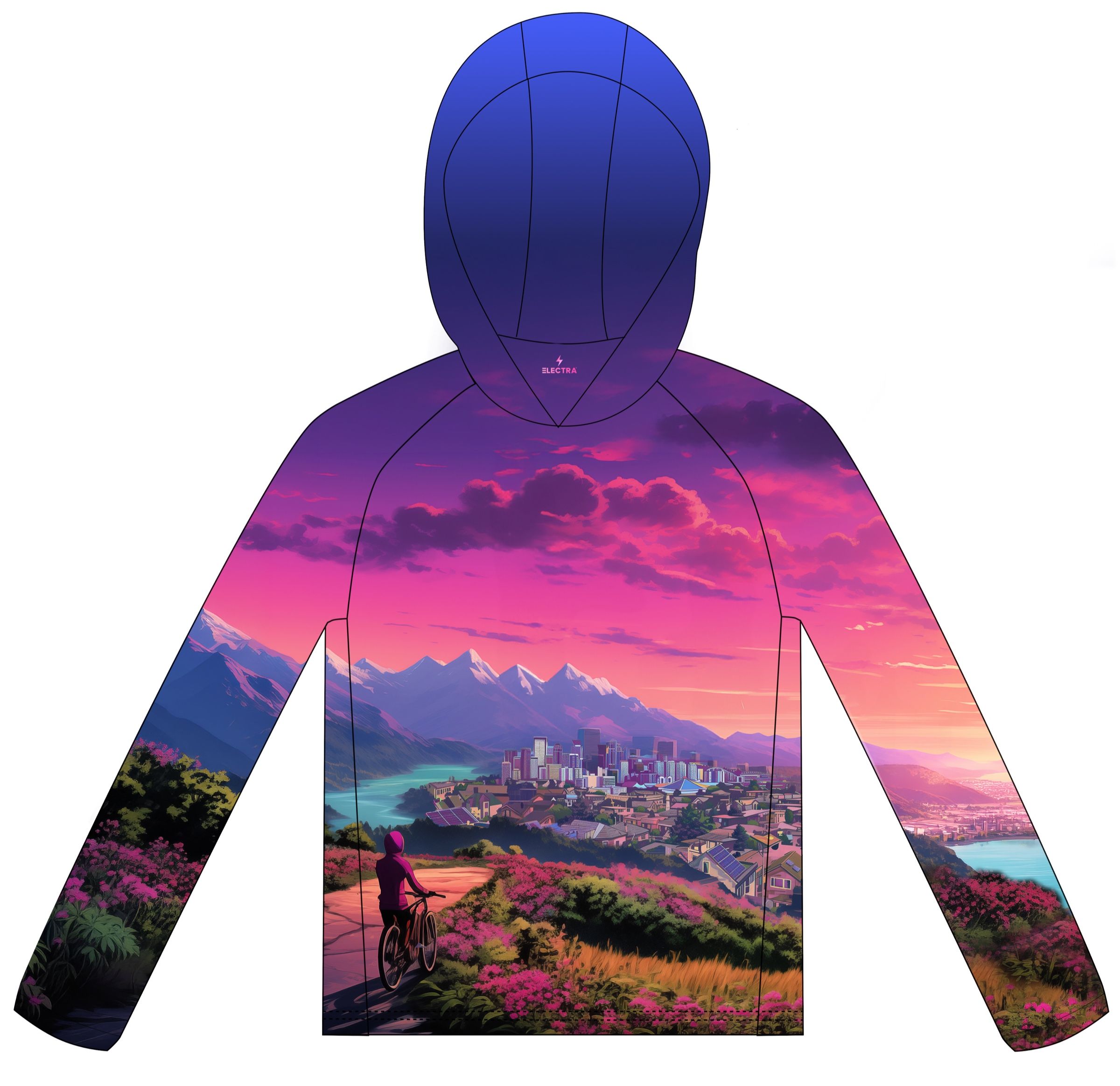 Electric Sunset Sun Hoodie, a sunshirt printed with a person on a bicycle on a path above a mountain-ringed city and lake, under a pink and purple sunset sky.