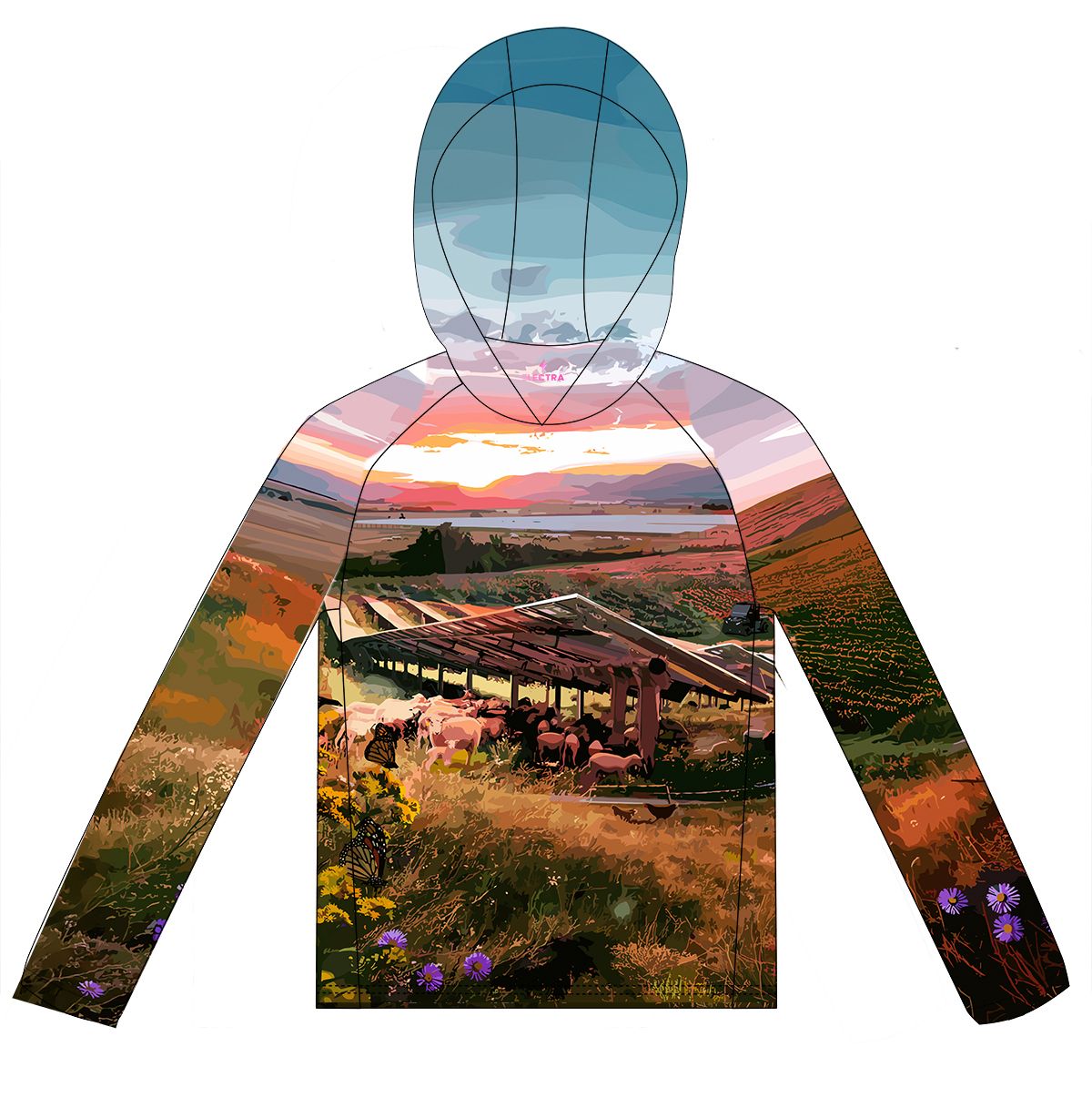 First Light Sun Hoodie, a sunshirt printed with sheep resting under raised solar panels in a hillside field at sunrise, with wildflowers and a butterfly in front.