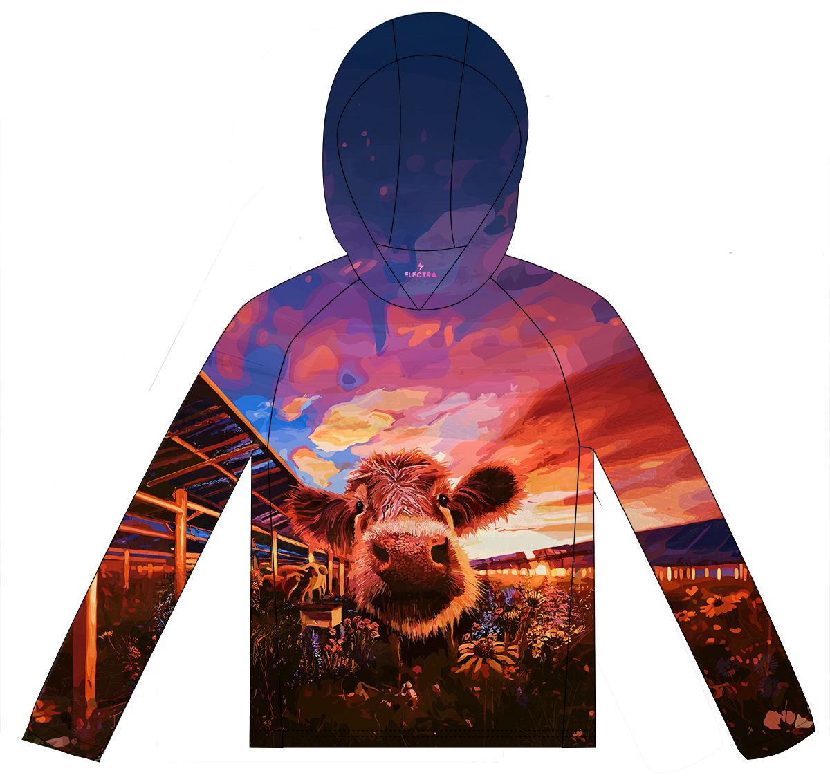 Winnie Sun Hoodie, a sunshirt printed with a close-up of Winnie the cow among wildflowers, with solar panels and a sunset behind her.